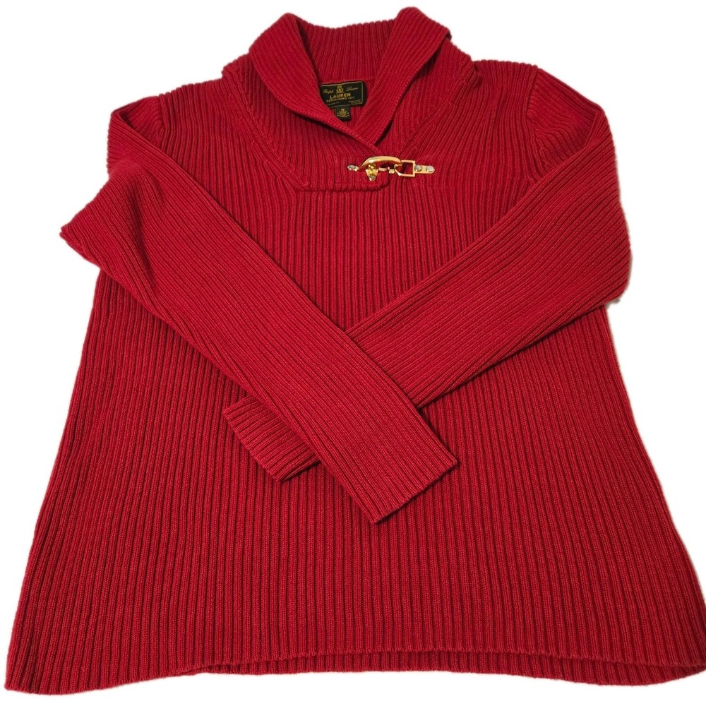 Ralph Lauren Women's Black Label Gold Buckle Ribbed Cowl Neck Sweater Size 1X